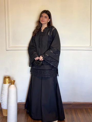 Black Chikankari Embroidered Lawn 2 Piece Suit with Lace Work - Image 2