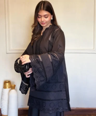 Black Chikankari Embroidered Lawn 2 Piece Suit with Lace Work