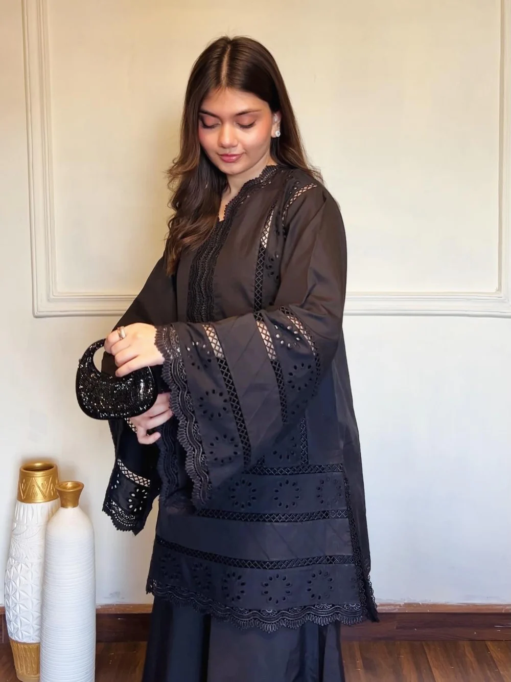 Black Chikankari Embroidered Lawn 2 Piece Suit with Lace Work