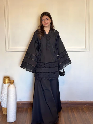 Black Chikankari Embroidered Lawn 2 Piece Suit with Lace Work - Image 3